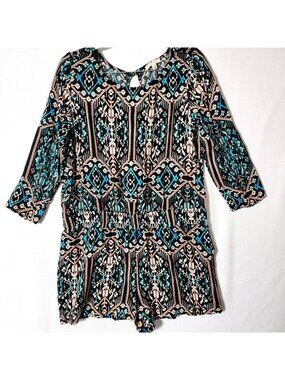 Ella Moss Romper Womens Sz L Elastic Waist 3/4 Sleeves Black Aqua White Orange